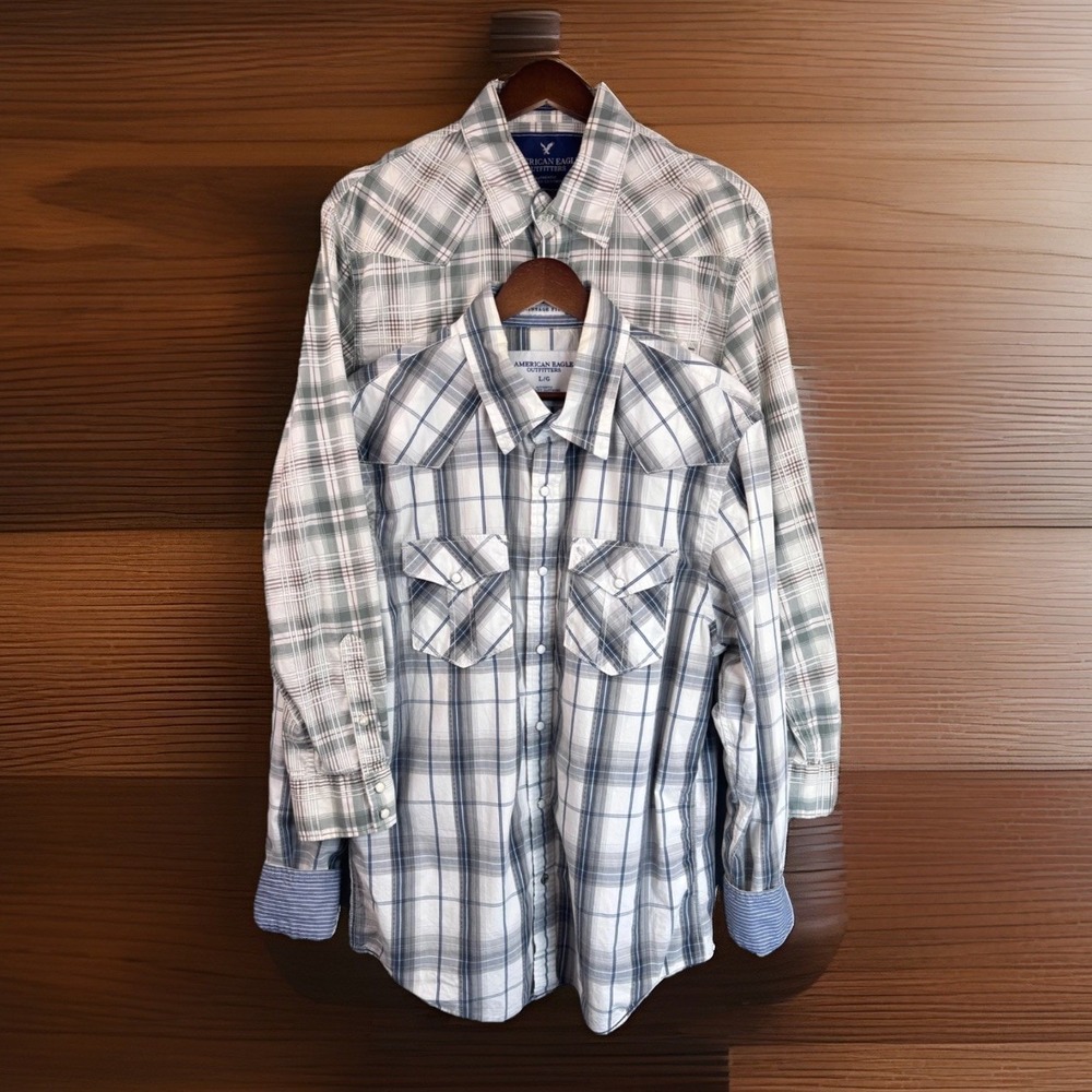 American Eagle Mens Western Shirts Set of 2 Plaid Size L Cotton Blue Green